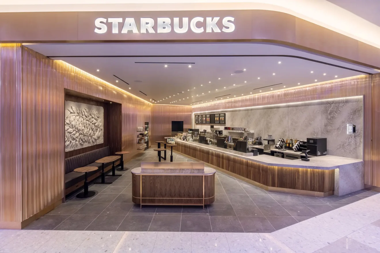 Entrance view of a very modern looking Starbucks