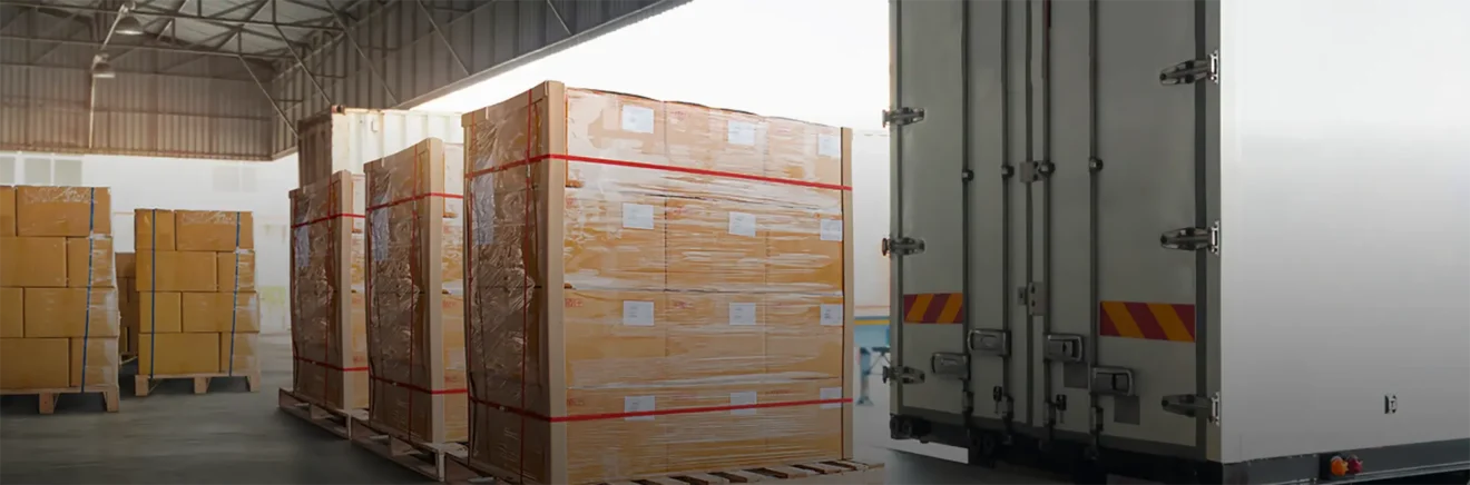Shipping logistics warehouse with palettes of packages