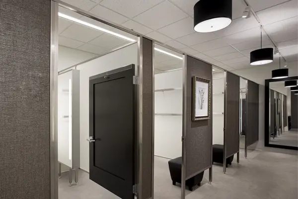Long view of multiple fitting rooms