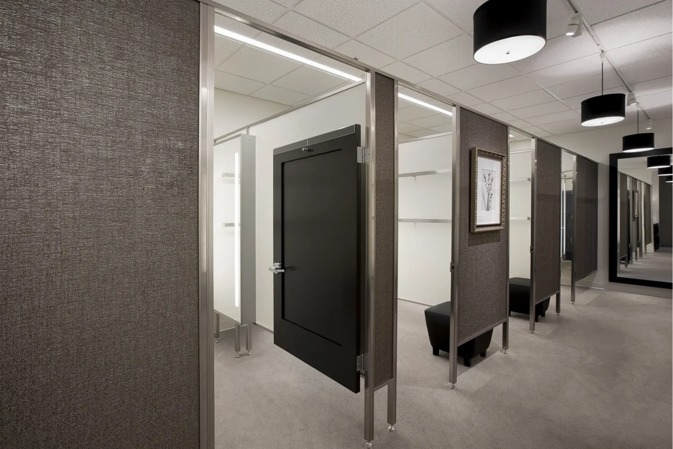 Long view of multiple fitting rooms